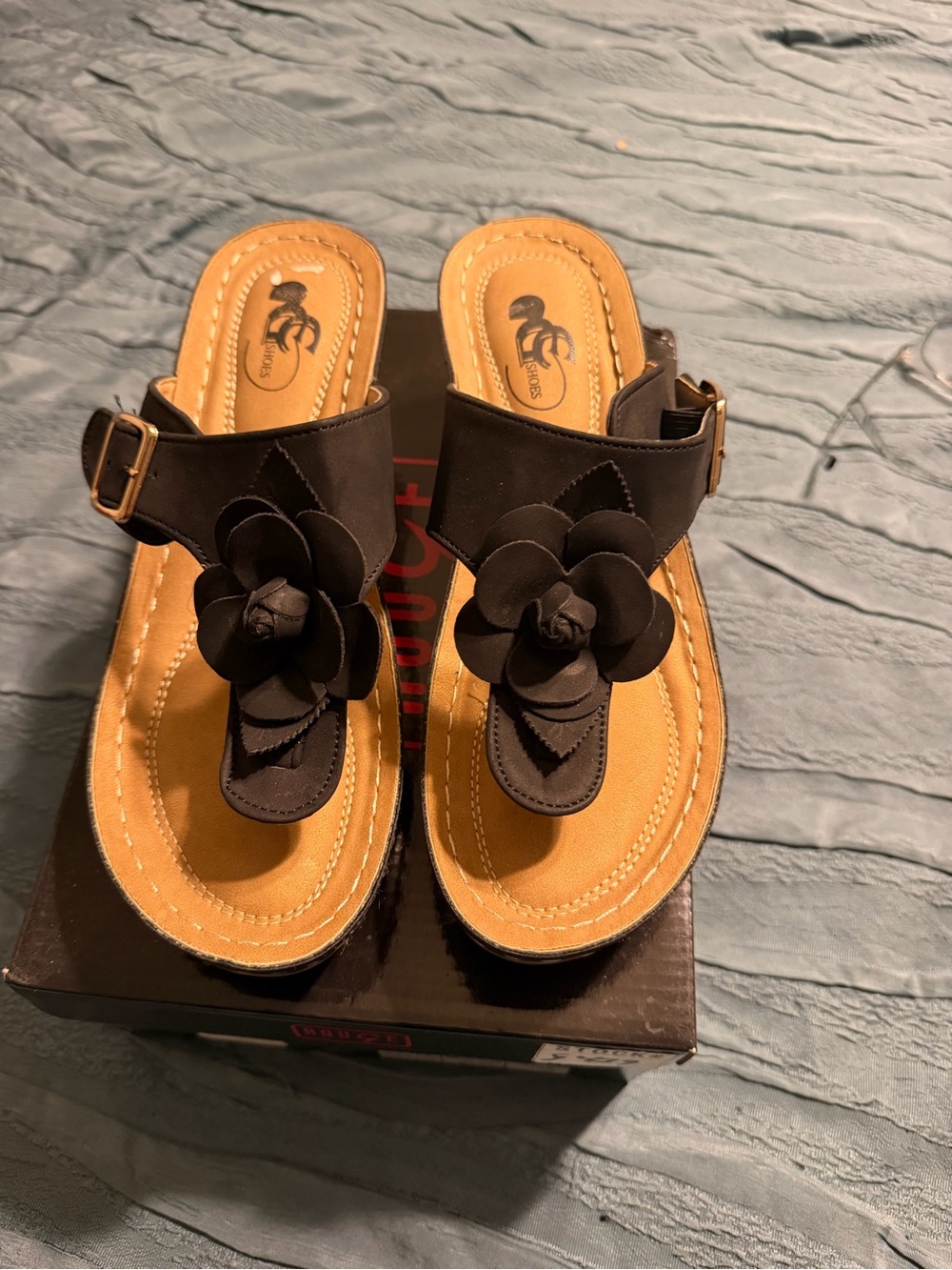 Blossom Black Floral Toe-Post Sandals with Tan Footbed